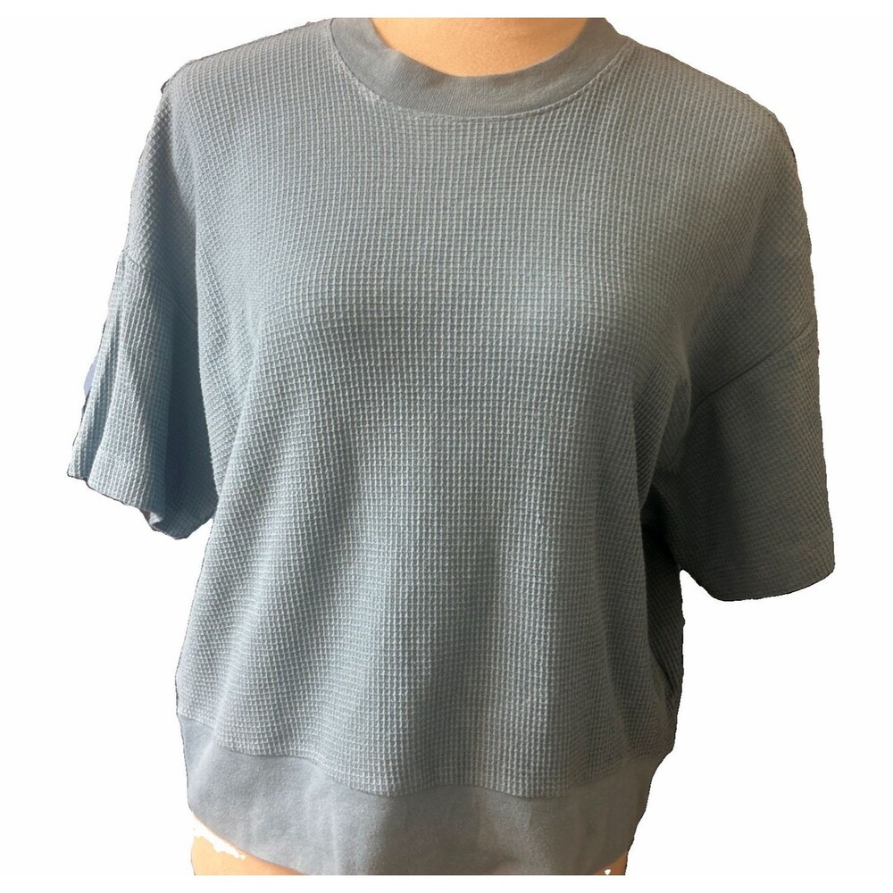 Madewell Womens Sz S Cotton Blue Waffle Knit Crop Short Sleeve Crew Neck Top